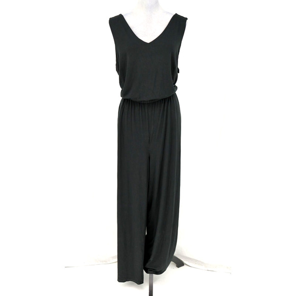 J Jill Wearever Jumpsuit Plus 2X Black Stretch Knit Smocked Back Wide Leg - Picture 1 of 12